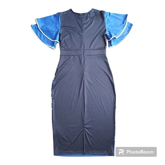 NWOT Elegant Blue Geometric Pencil Dress - Picture 2 of 5